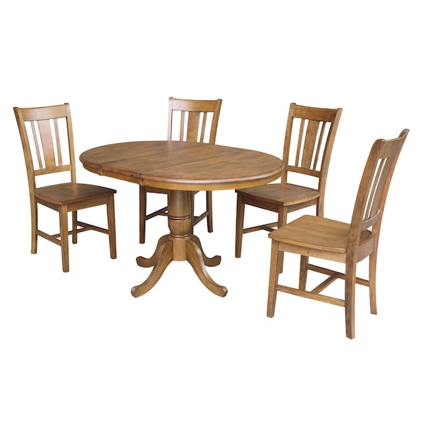 International Concepts Round 36 in Round Top Pedestal Ext Table with 12 in Leaf And 4 RTA Chairs, Pecan, 36 in W, 48 in L K59-36RXT-C10-4 - main